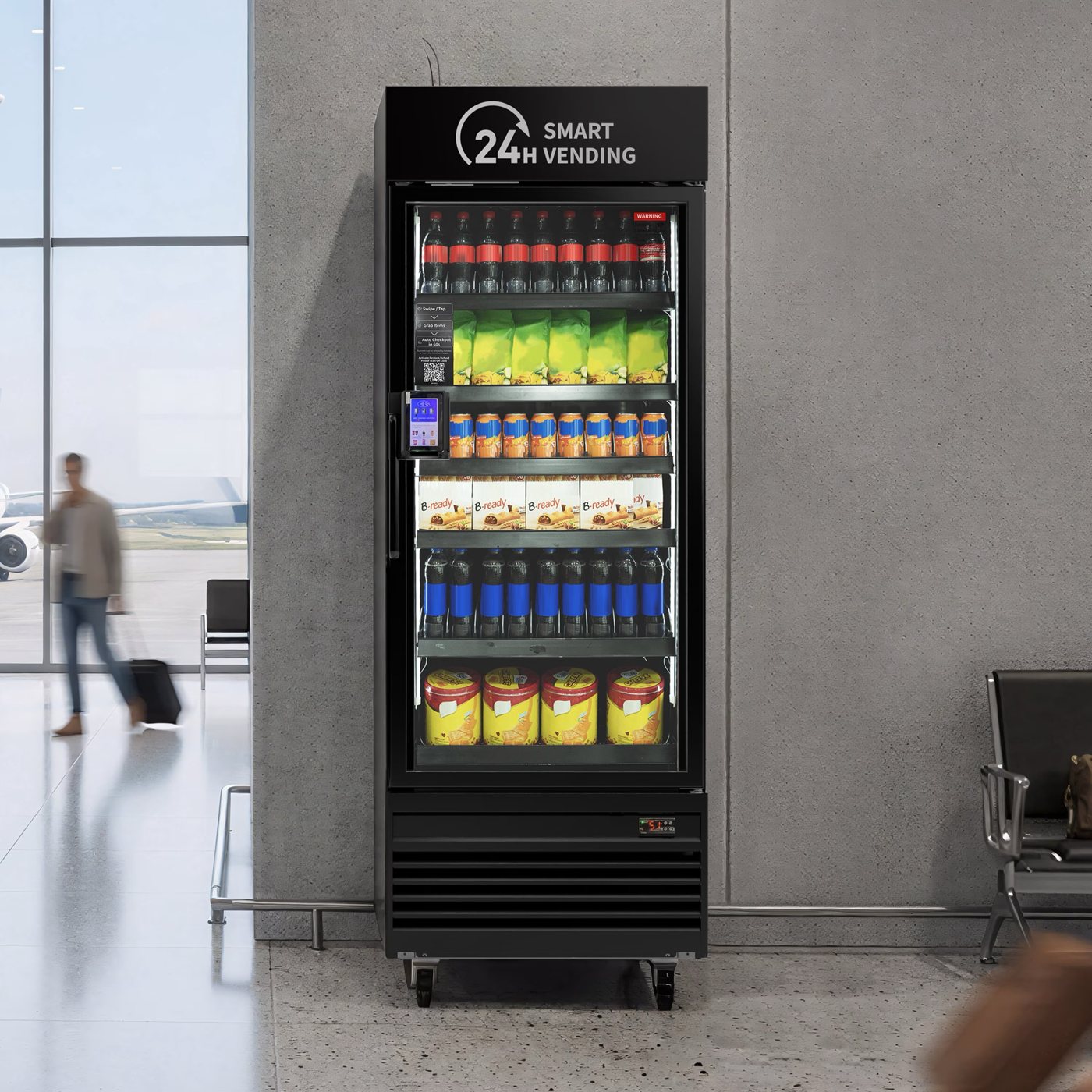 A 24H smart vending cooler in an airport lounge.
