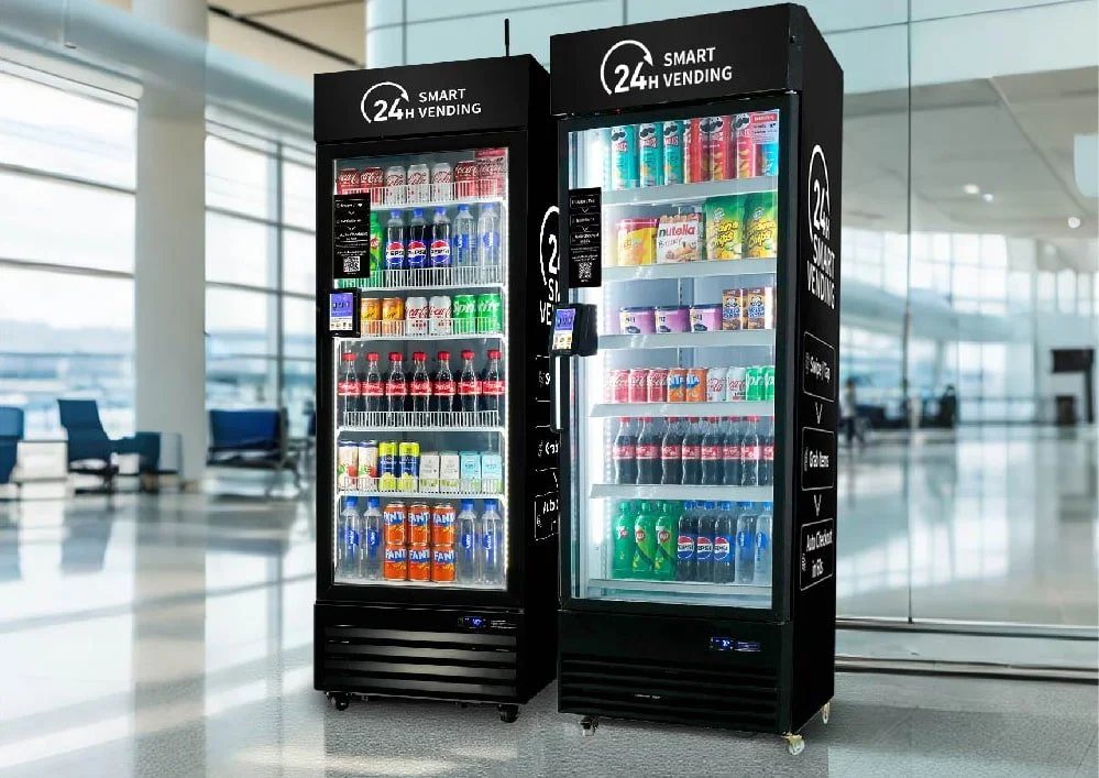 Two 24H smart vending coolers in an airport terminal.