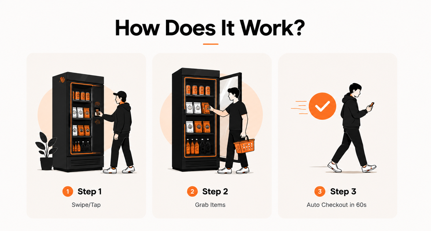 How does it work? Step 1 swipe/tap, step 2 grab items, step 3 auto checkout.