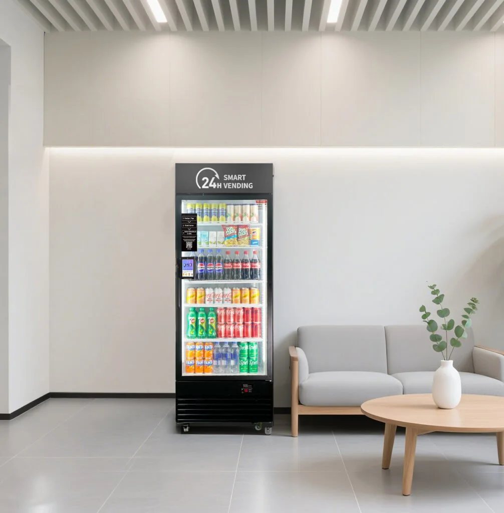 A smart vending cooler in a bright lounge beside a couch.