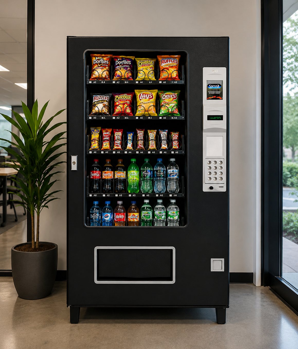 A combo vending machine with snacks and drinks beside a potted plant.