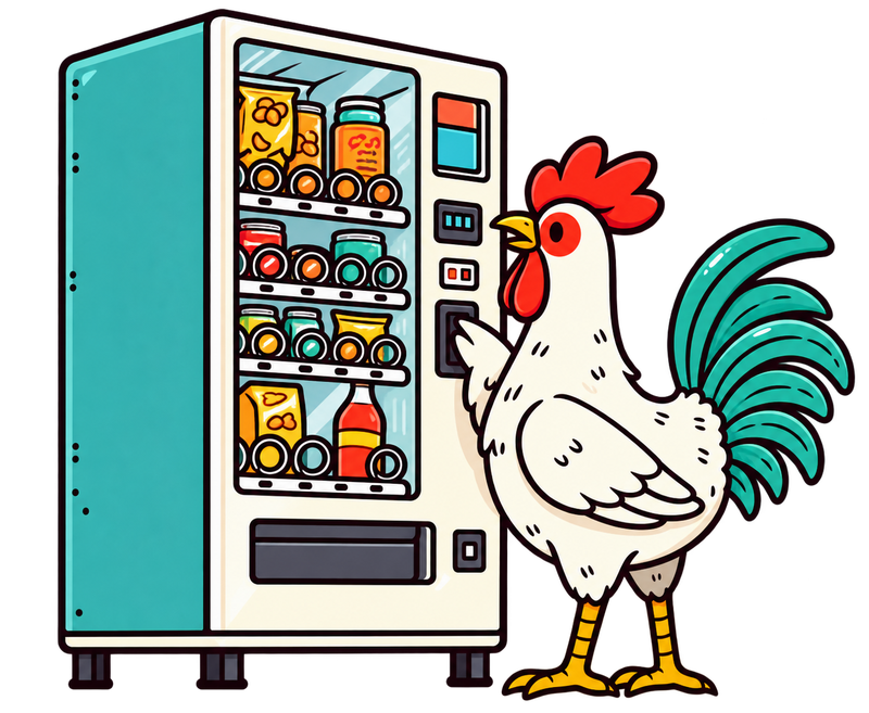 Rewster's logo: rooster at a vending machine