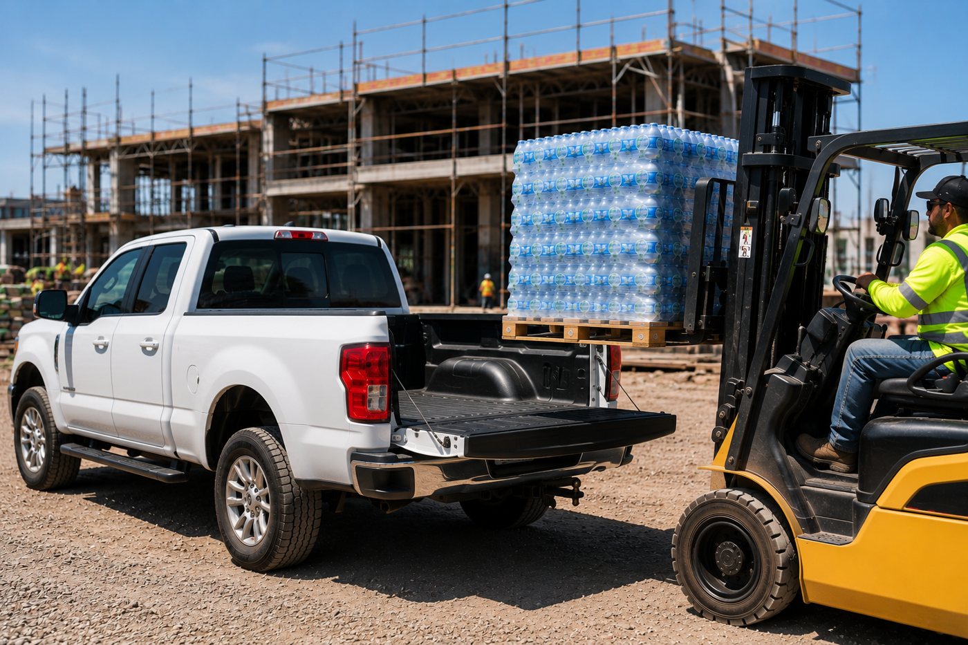 A forklift loading a pallet of bottled water onto a pickup truck at a construction site.
