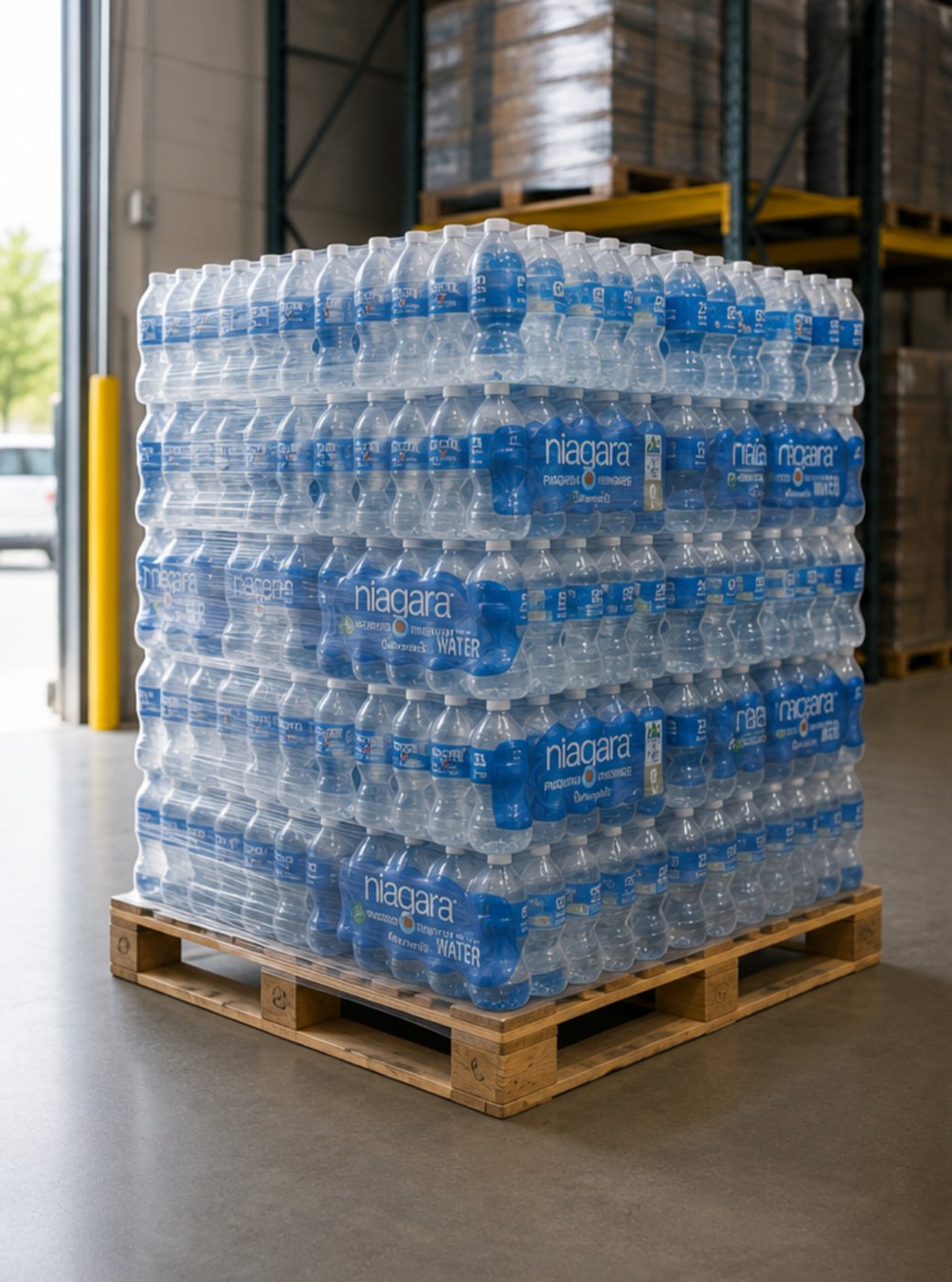 A shrink-wrapped pallet of bottled water in a warehouse.
